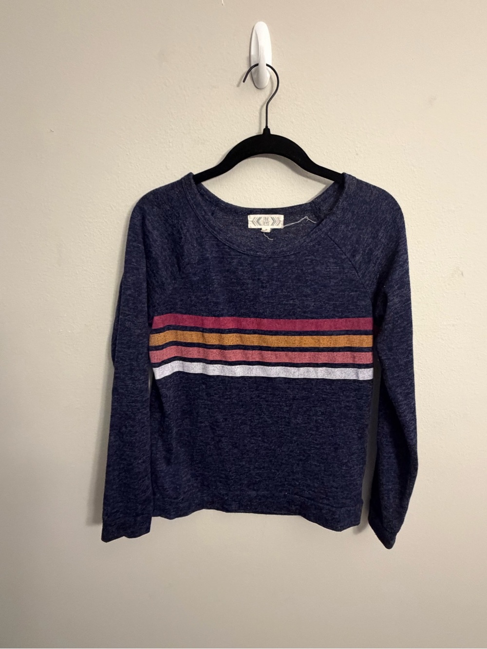 Pink Rose Navy Crewneck Sweatshirt with Multi-Color Stripes
